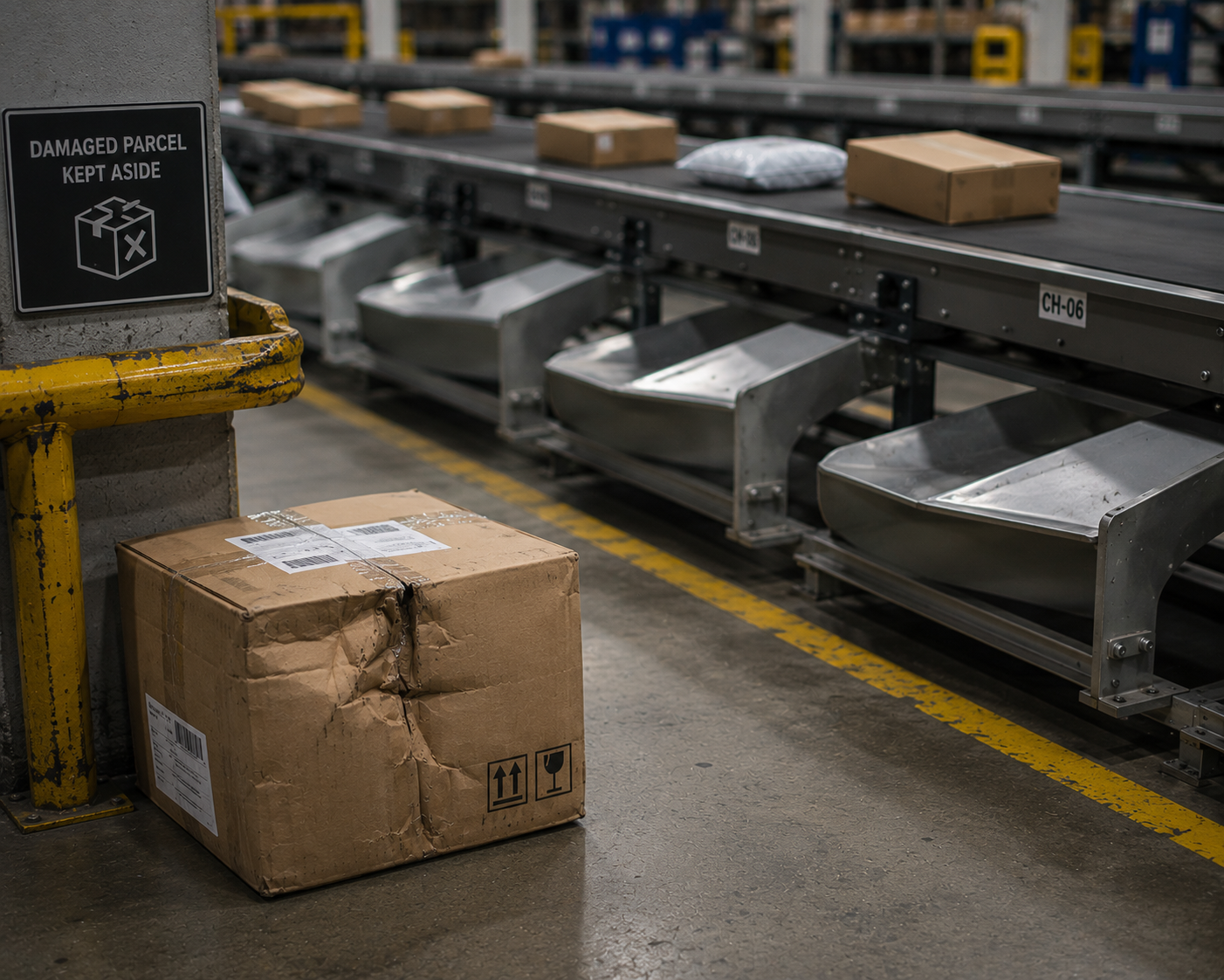 A crushed cardboard parcel set aside on a warehouse floor beside a 'Damaged Parcel Kept Aside' sign, with sorter chutes visible in the background