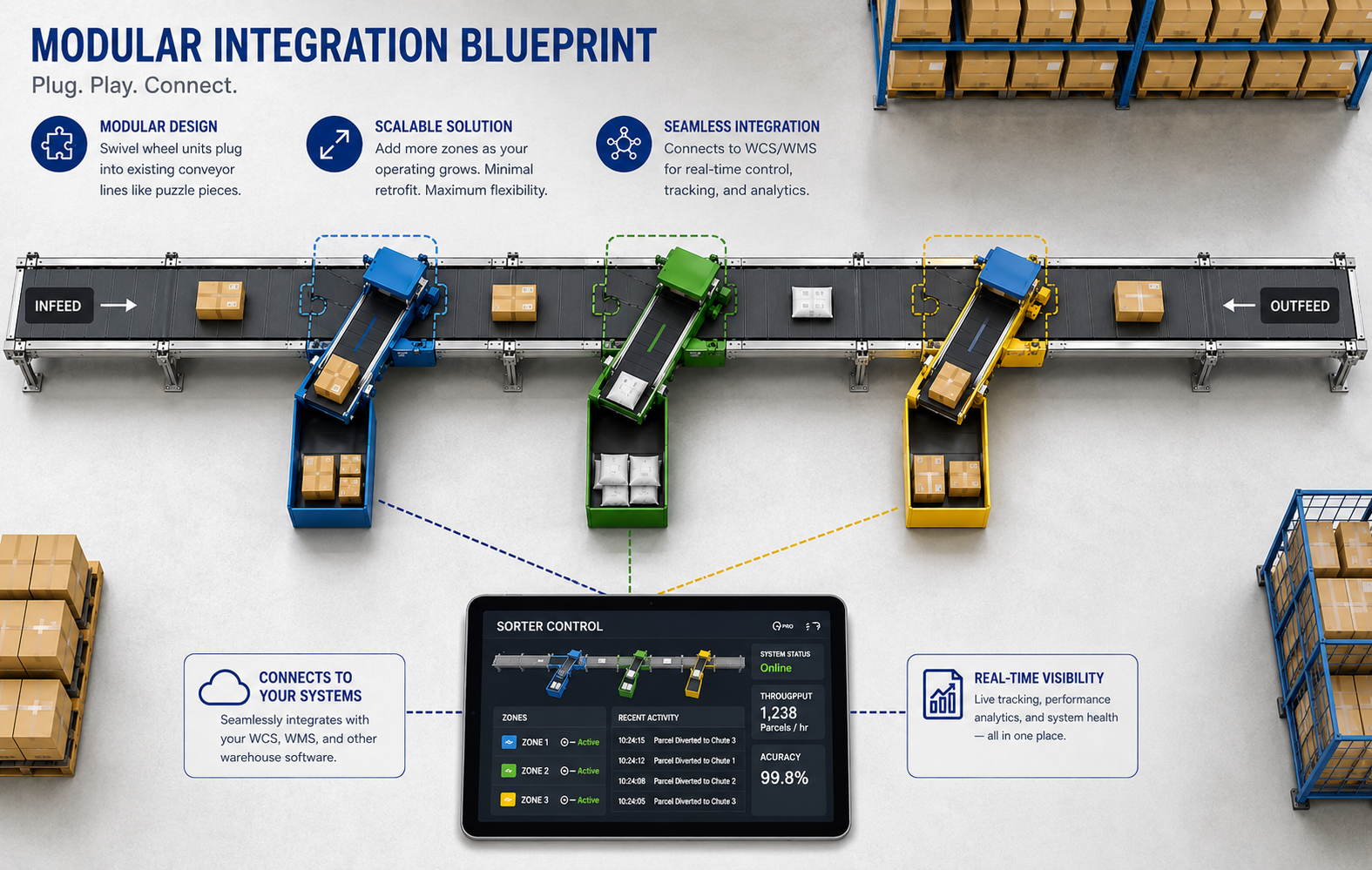 Swivel wheel sorter modular integration with conveyor, WCS and WMS