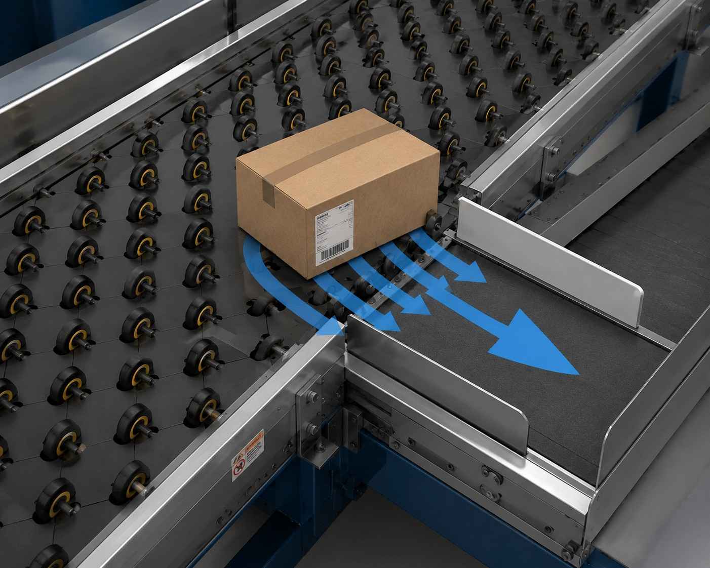 Swivel wheel sorter diverting a parcel onto another conveyor path