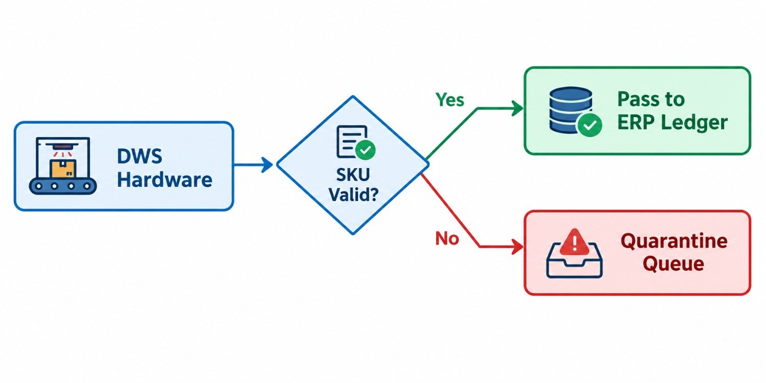DWS data validation flow from hardware to ERP ledger and quarantine queue