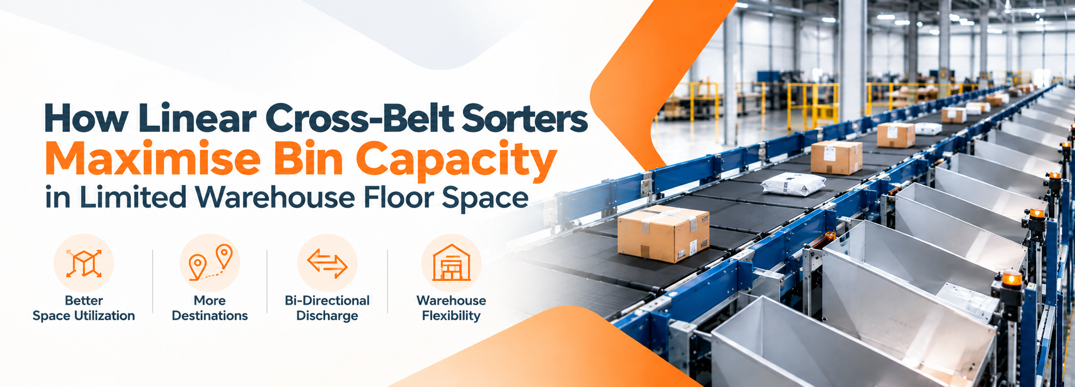 Linear cross-belt sorter maximising bin capacity in limited warehouse floor space