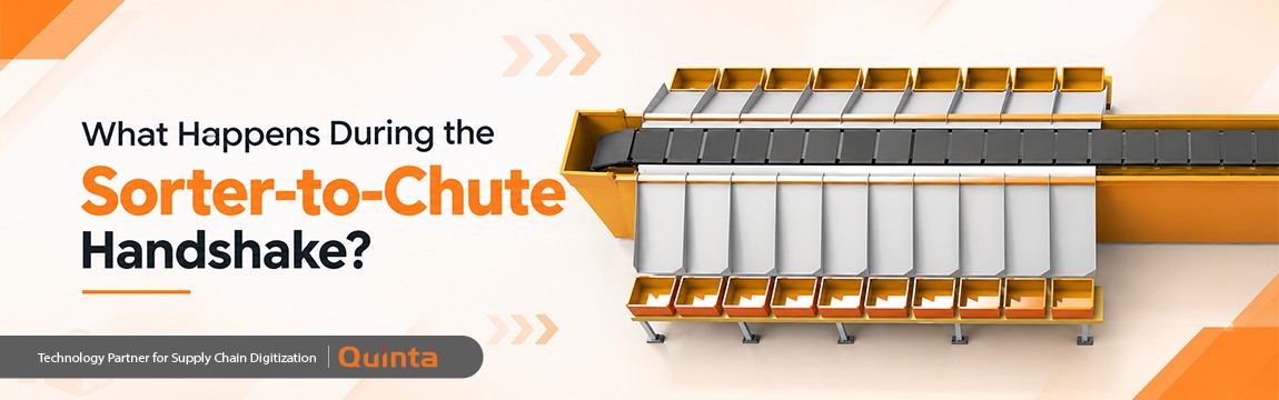Quinta linear cross-belt sorter showing parcel discharge into sorting chutes in a warehouse automation system.