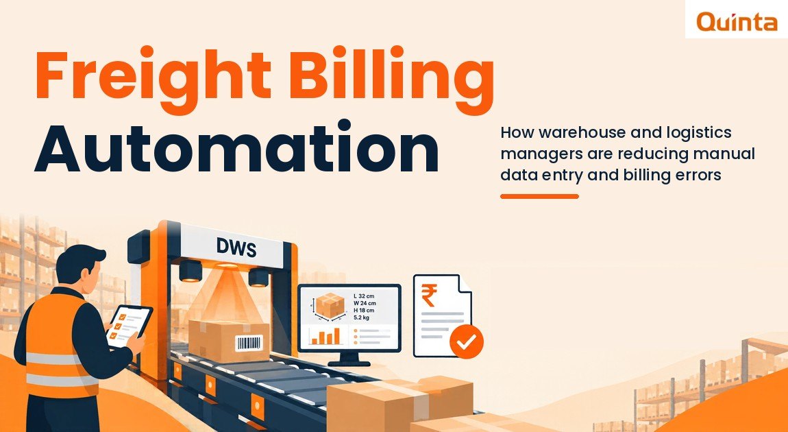 Quinta Dynamic DWS system for freight billing automation, featuring parcel dimensioning, weighing, barcode scanning, and automated shipment data capture