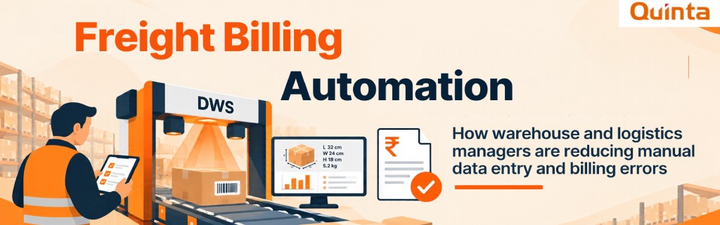 Quinta Dynamic DWS system for freight billing automation, featuring parcel dimensioning, weighing, barcode scanning, and automated shipment data capture